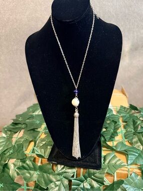 Silver Tassel Necklace with White and Blue Bead Accents – Long Pendant